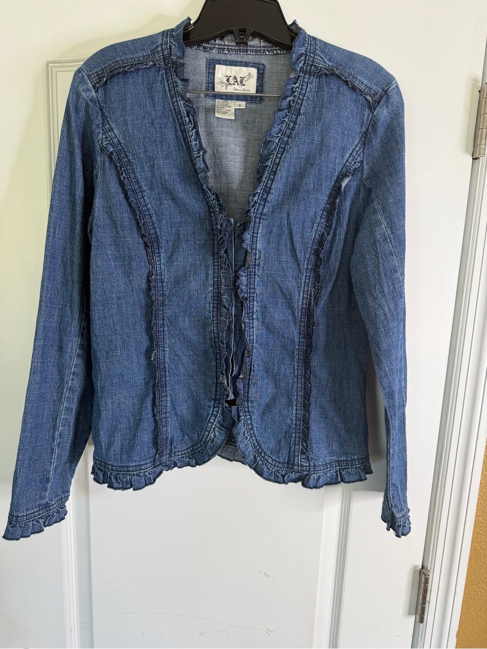 Live a Little Y2K Ruffled Edge Light weight Jean Jacket in Medium Wash. Size S